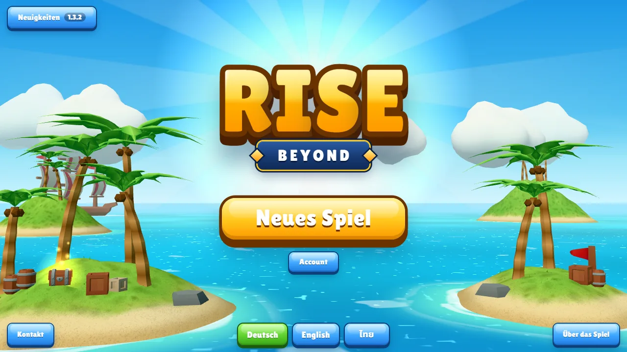 Die Piratenbucht mit Boot, Strand und Palmen im Startmenü von Rise Beyond.